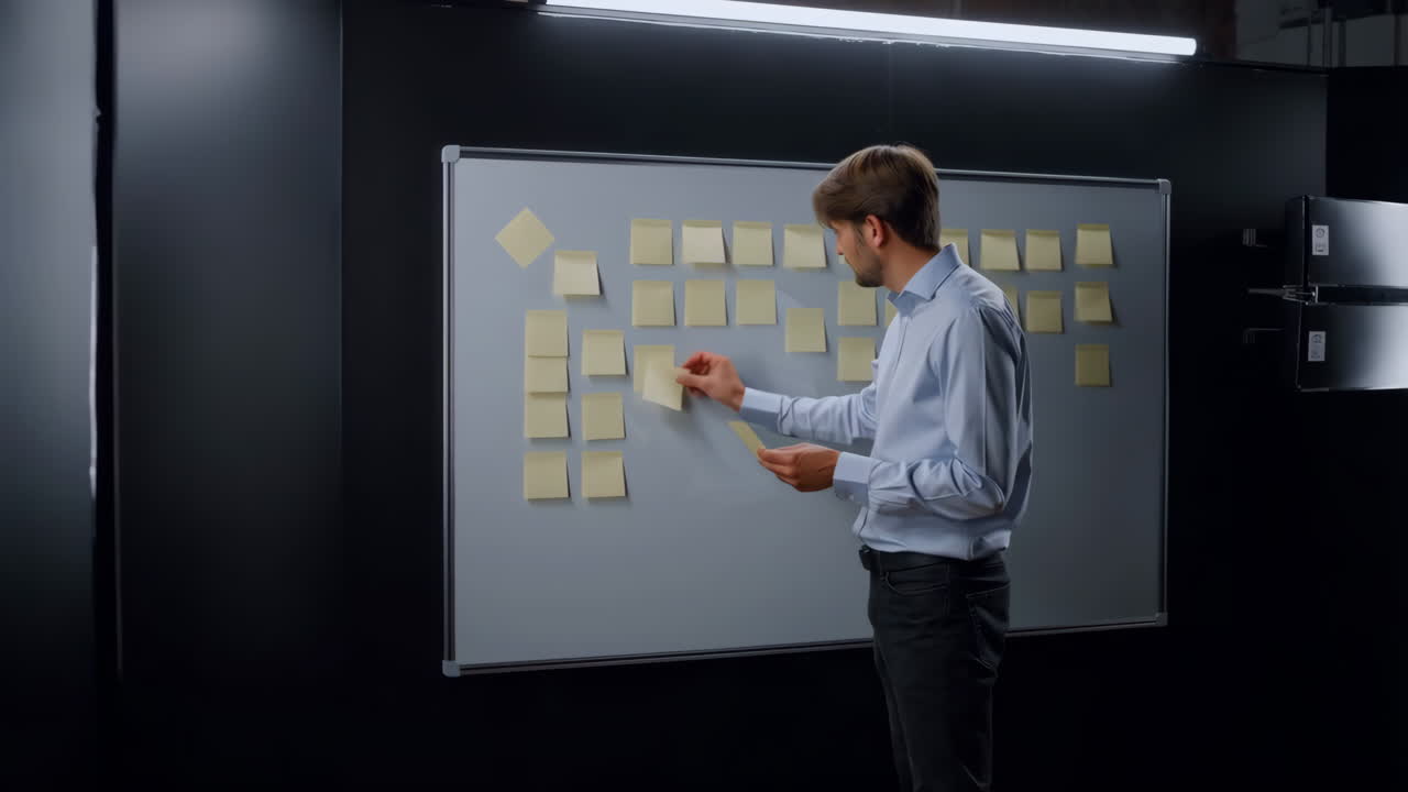 Man planning with post-it notes on a whiteboard