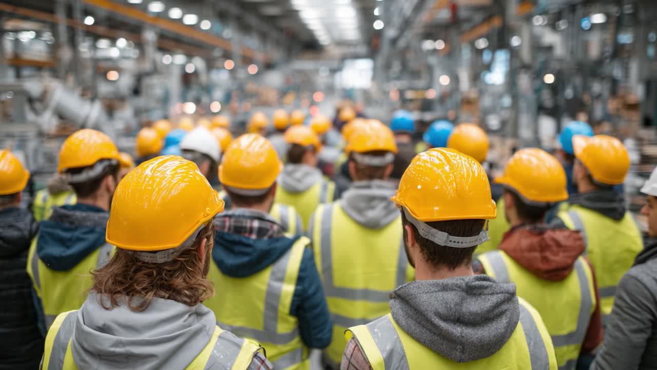 A Group of Workers in Safety Helmets and Vests Gathered for a Meeting in a Busy Industrial Facility, Emphasizing Safety and Teamwork in a Manufacturing Environment