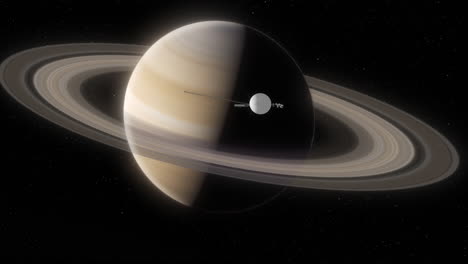 voyager 1 heading away from saturn with rings and atmospheric haze after flyby to collect photos and scientific data 4k