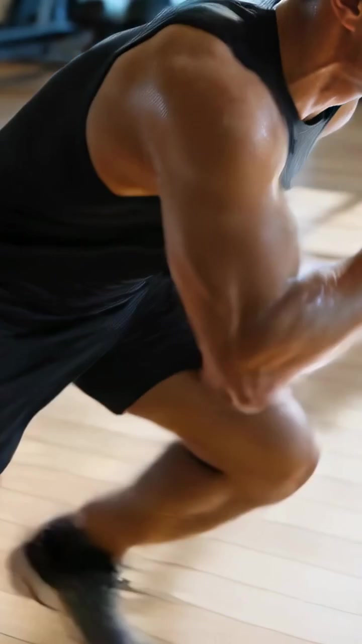 Video verticale: Atleta asiatico che scatta con forza da una posizione accovacciata attraverso il pavimento della palestra, con una maglietta nera, per un esercizio.