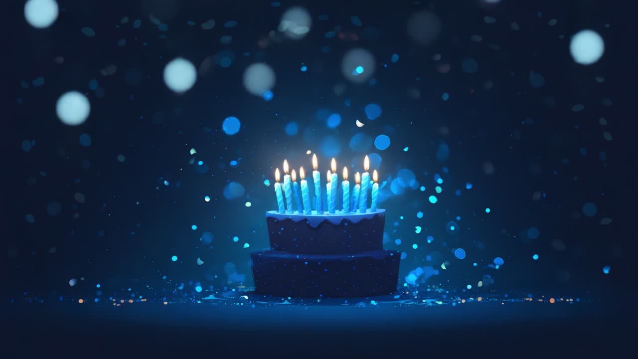 A beautifully decorated birthday cake adorned with lit blue candles, surrounded by ethereal blue and aqua confetti, creating a captivating celebratory atmosphere full of joy and excitement