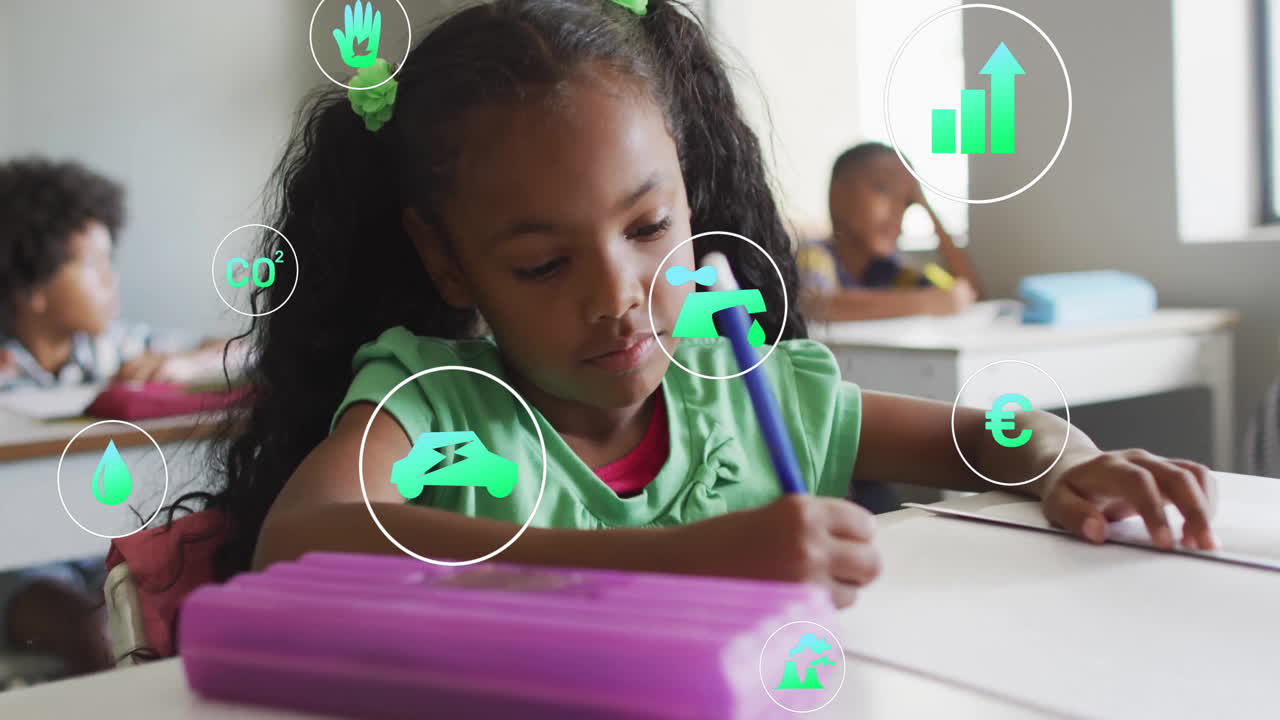 Animation of eco icons and data processing over biracial schoolgirl at school