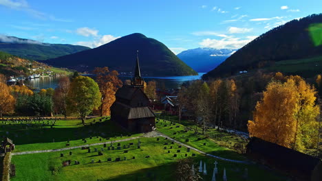 aerial view of beautiful traditional wooden church in norway