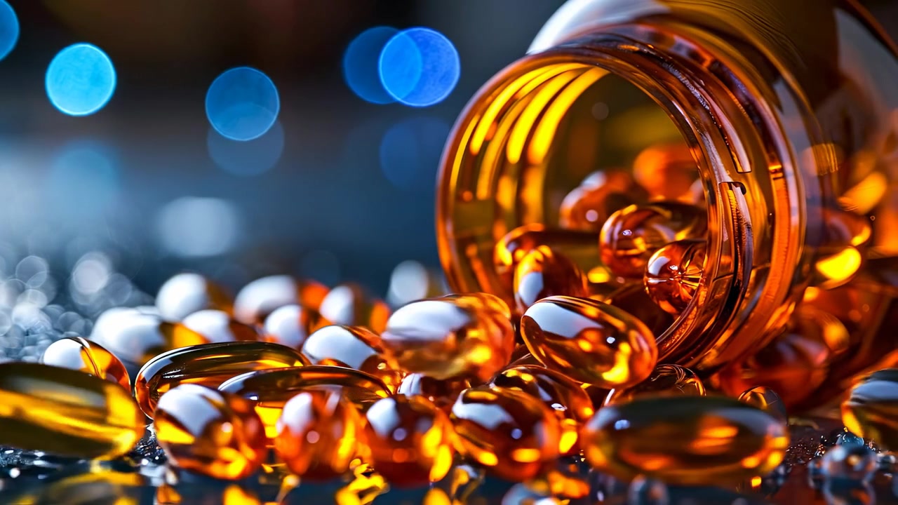 Capsule di gel dorate trasparenti rovesciate da una bottiglia di vetro ambrato. Softgel dorate di integratori rovesciate da una bottiglia ambrata su una superficie bagnata con bokeh blu sullo sfondo