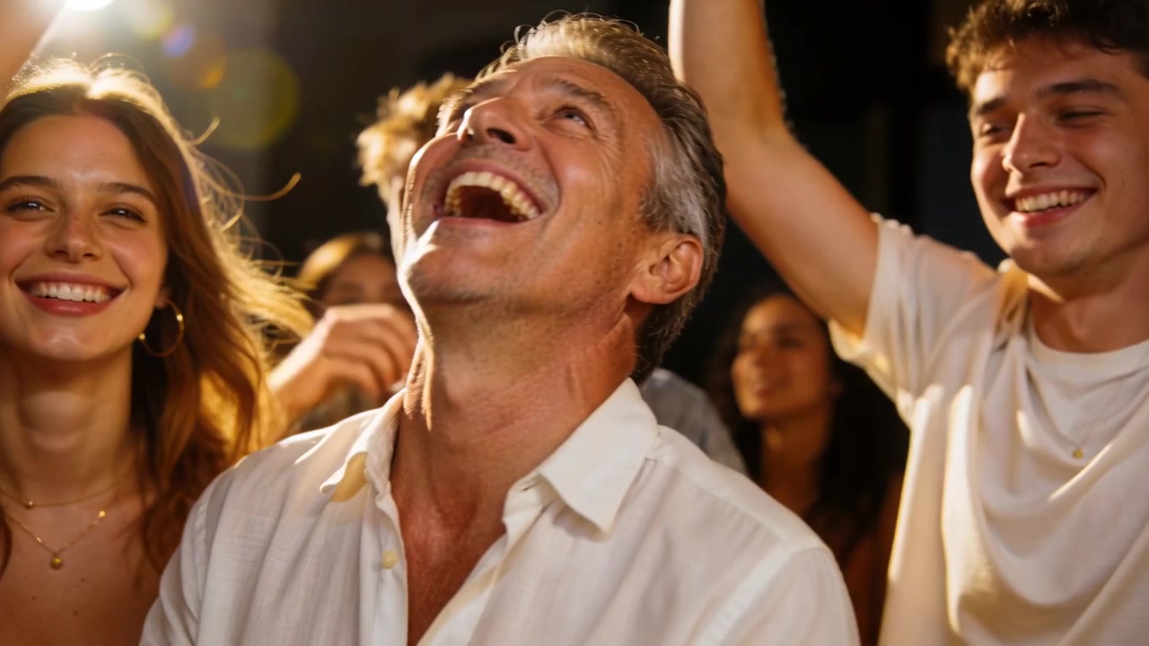 Uomo di mezza età che ride in camicia bianca, inclinato all'indietro in un club, con un gruppo che alza le mani e un bagliore dell'obiettivo.
