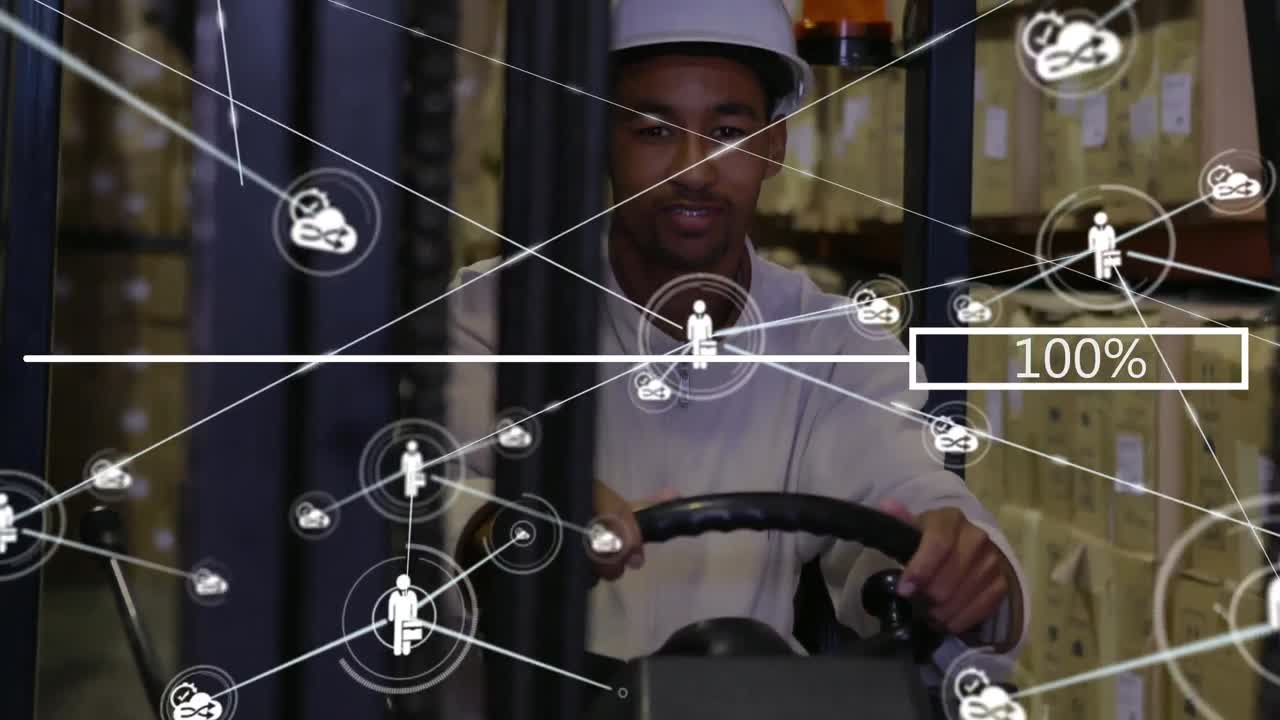 animación de un bar con 100 por ciento de texto sobre un hombre afroamericano mostrando los pulgares hacia arriba en una carretilla elevadora.