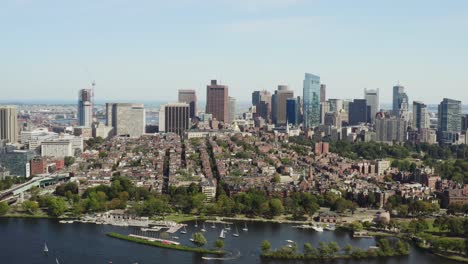 aerial view of boston financial district skyline with charles river drone shot in 4k, massachusetts, usa