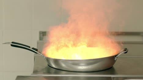 close up frying pan with oil is ignited on frying plate