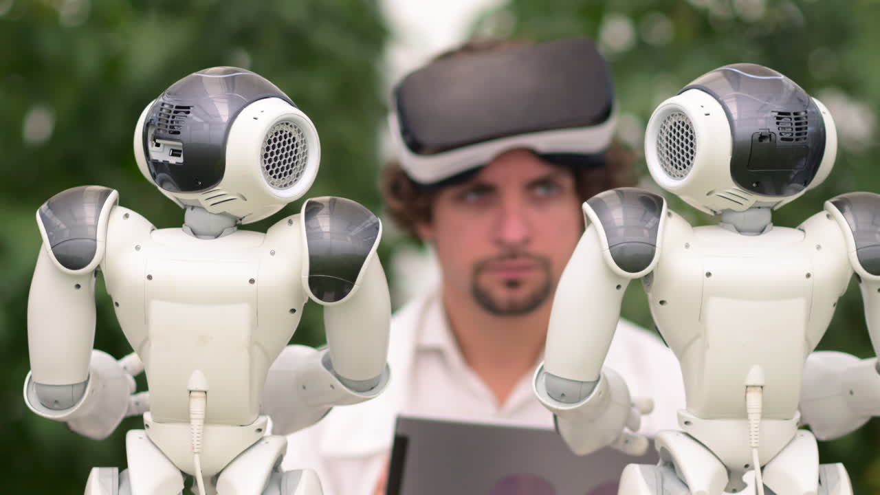 Laboratory technician in a white coat with virtual reality headset holding a tablet while analysing two humanoid robots in a greenhouse farm
