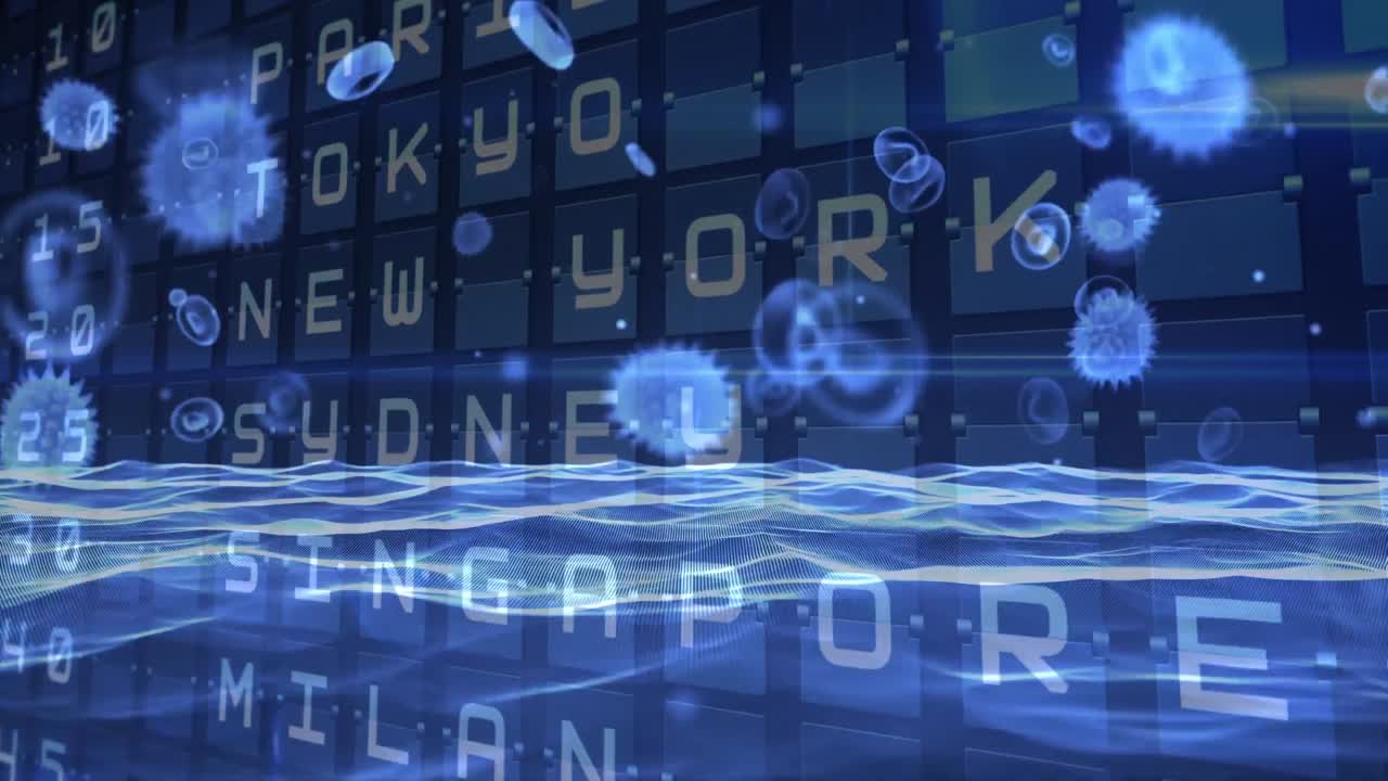 대형 코로나바이러스 코로나19 세포가 물 위에 퍼지고 공항 비행기가 출발하는 애니메이션