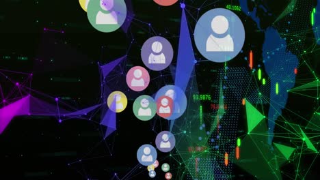 animación de iconos, procesamiento de datos financieros y redes de conexiones sobre fondo negro