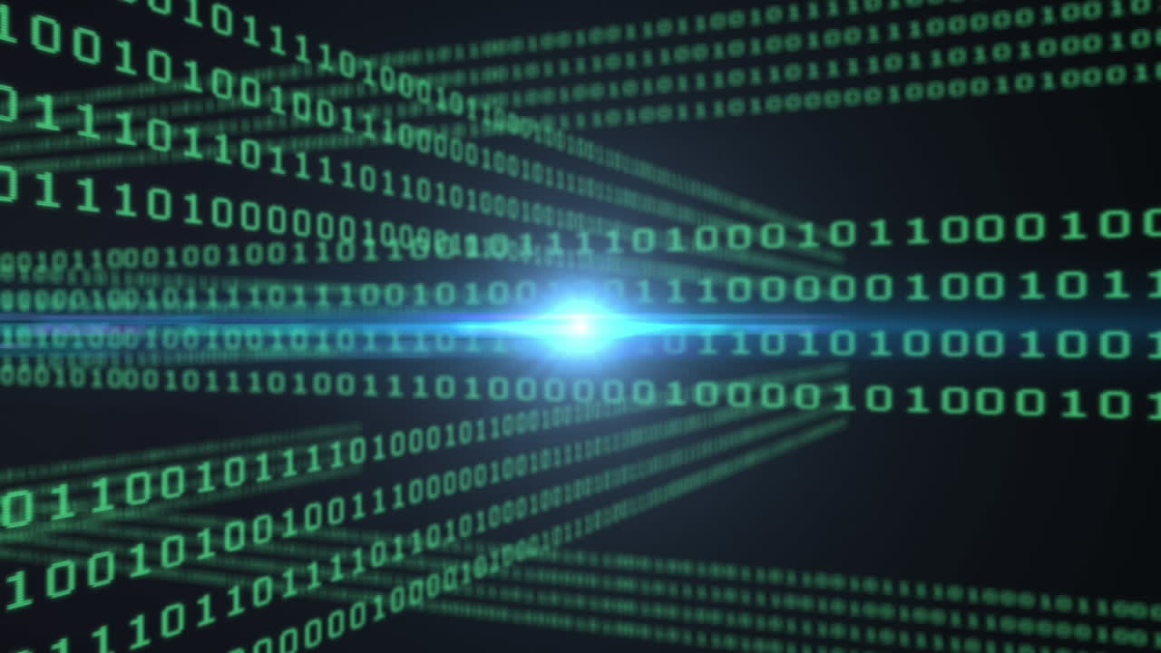 Animation of light moving over green binary code in black space