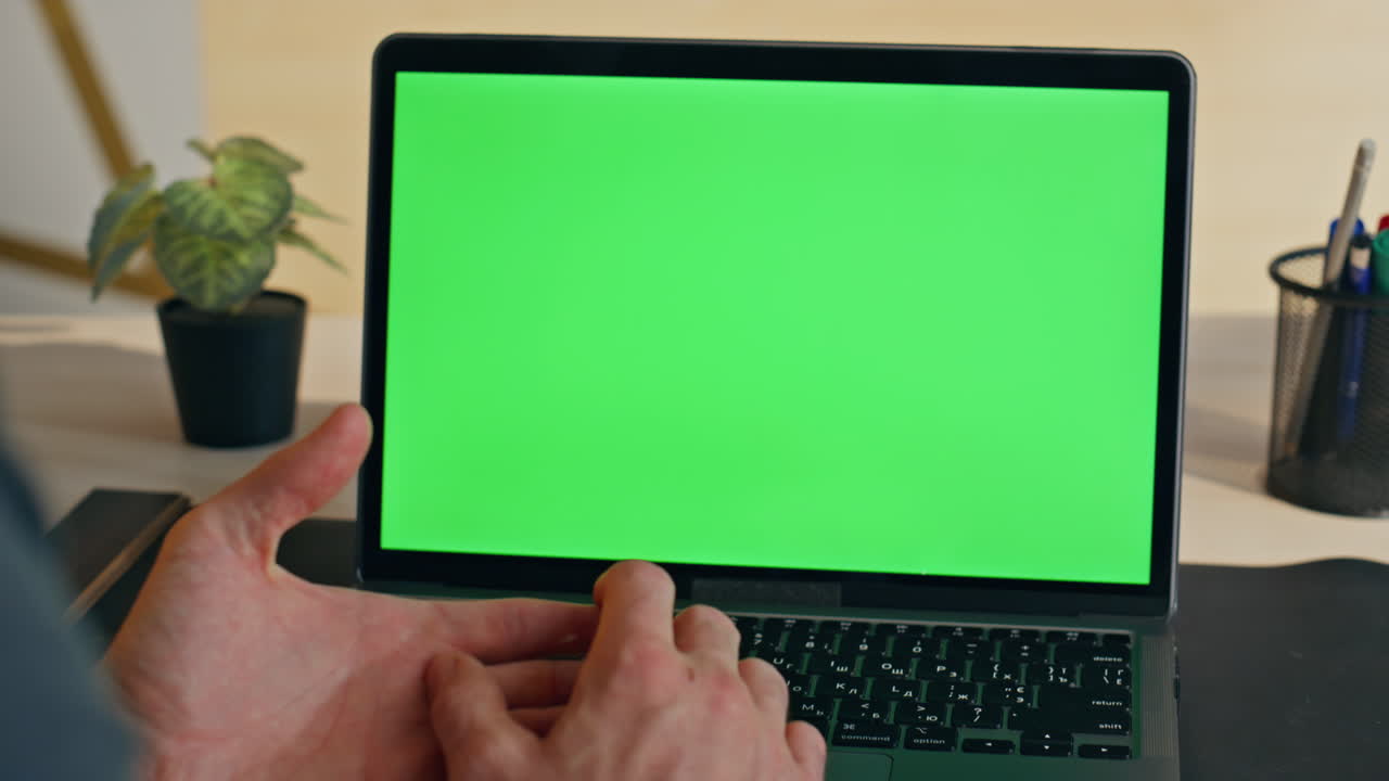 Unknown businessman talking mockup laptop video conference at office closeup