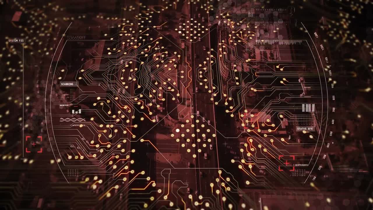 animación de circuitos integrados sobre el tráfico vial y el paisaje urbano