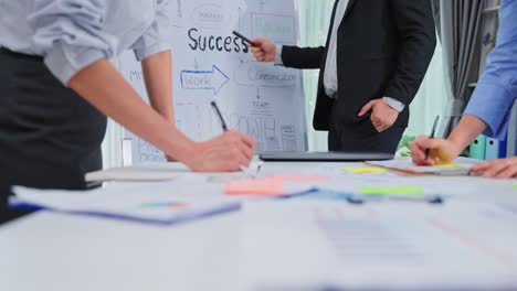 asian businessman gives report on whiteboard to colleague team then brainstorm, discuss for new project in conference room. employee worker people work as teamwork, write on paper and plan for success