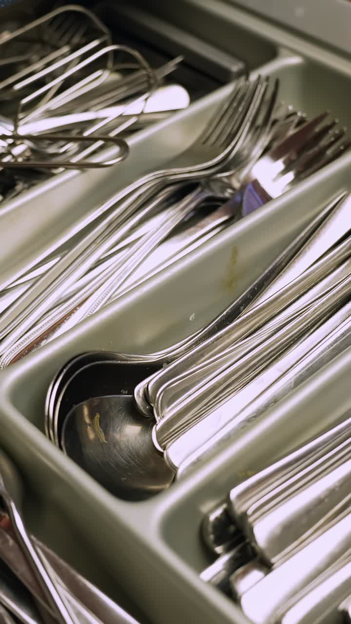 Close-up of organized cutlery drawer with stainless steel forks, knives, spoons and whisk. Household kitchen storage, dining prep and clean home routine