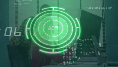 green digital interface animation over people working at office desk with computers