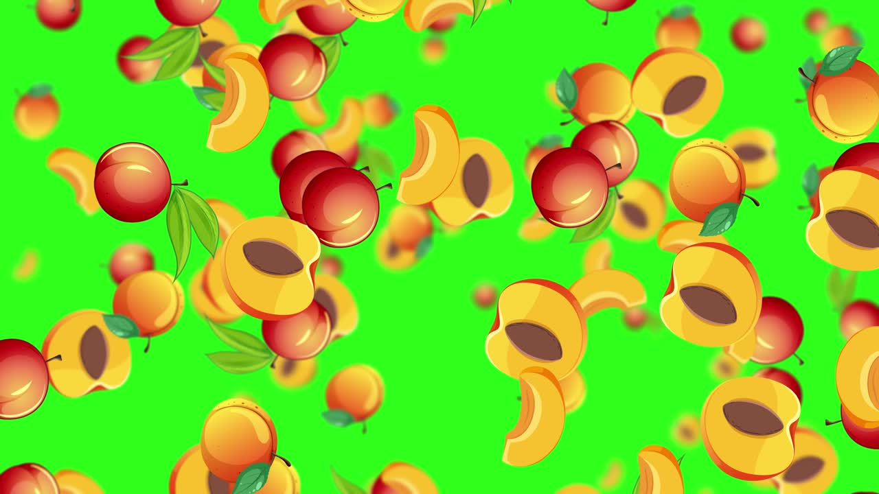 melocotones y cerezas cayendo sobre un fondo verde