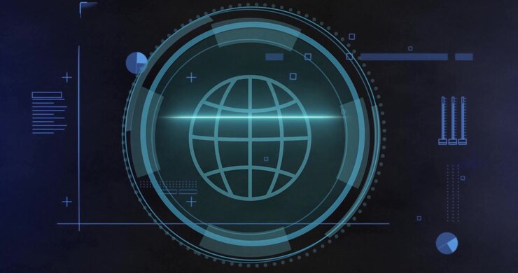 Cybersecurity HUD booting shifting shield into wire globe rings rotating scan sweeping for security