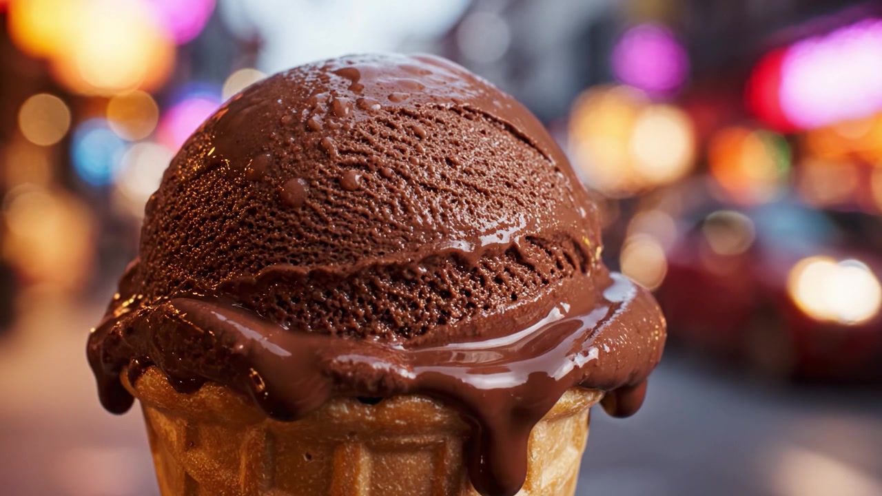 Delicioso cono de helado de chocolate capturado en un vibrante entorno urbano con desenfoques coloridos y una textura rica y derretida, perfecto para el placer de un dulce de verano