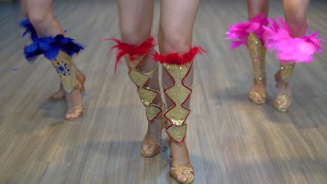 dancing samba legs close-up, three girls practice dancing samba at the studio wearing show costumes