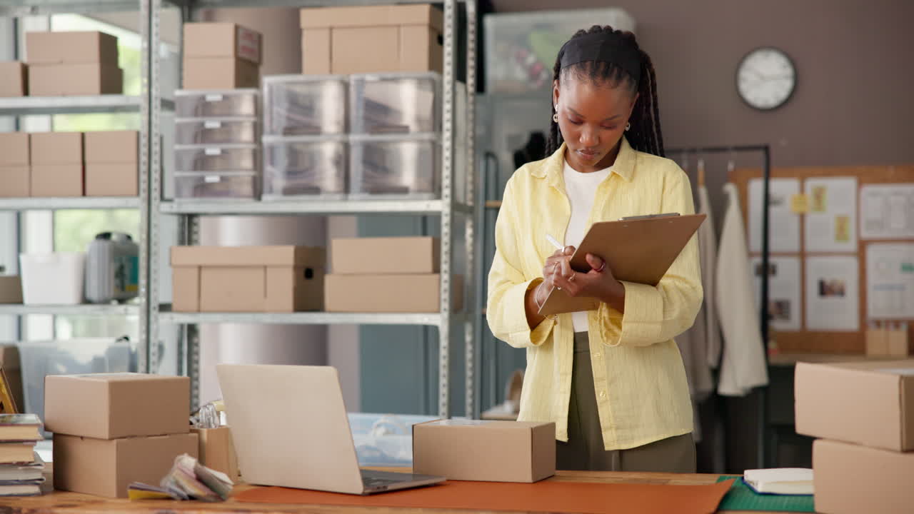 Jeune femme noire gérant les commandes et l'emballage dans un bureau de petite entreprise