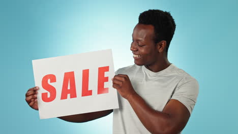 happy black man, discount and sale sign