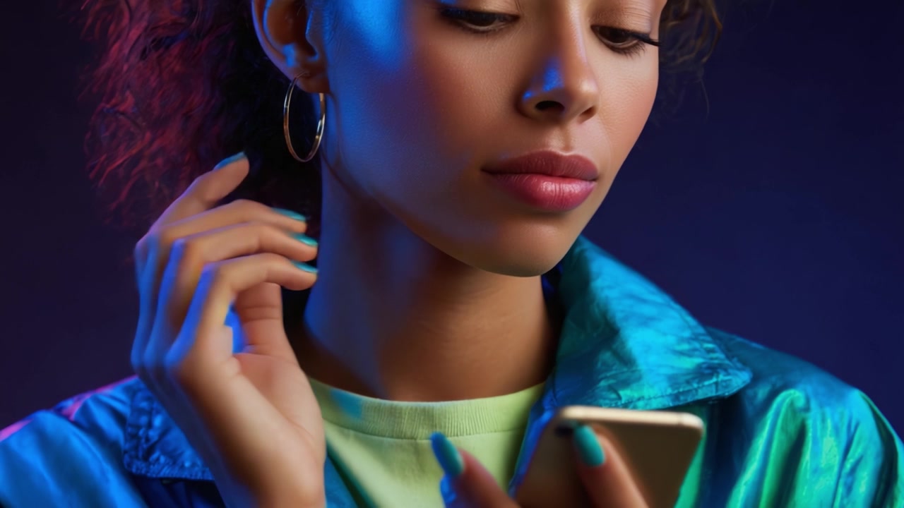 Una giovane donna pensierosa guarda il suo smartphone, illuminata da luci colorate, mostrando un momento di concentrazione e contemplazione in un'atmosfera vibrante