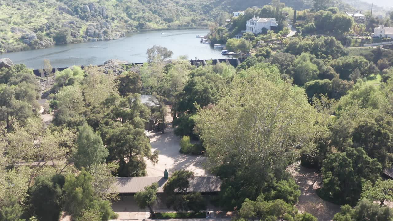 Aerial wide dolly shot of Foxfield Riding School in Westlake Village, California. 4K at 30 FPS