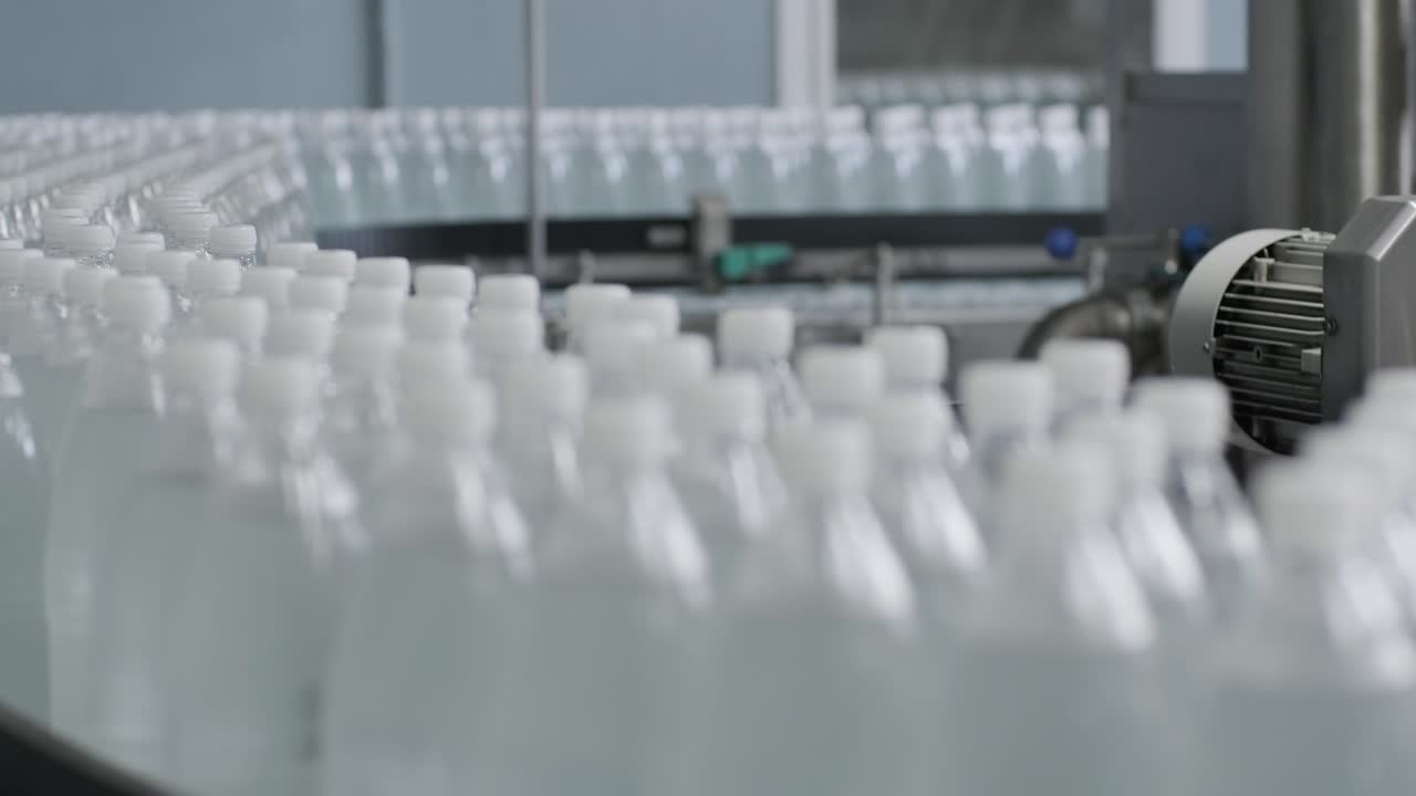 Conveyor belt with bottles of drinking water at a modern beverage plant