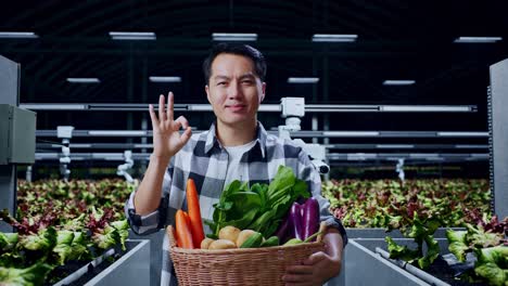 un granjero asiático con una canasta de verduras mostrando un gesto de ok y sonriendo mientras está de pie en una granja inteligente