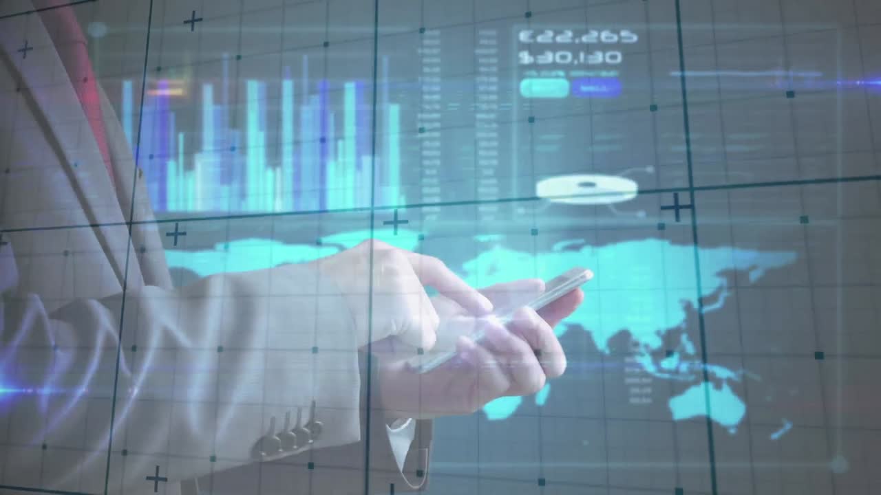 animación del procesamiento de datos sobre un hombre de negocios que usa un teléfono inteligente