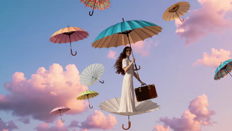 woman floating on umbrellas in a surreal sky