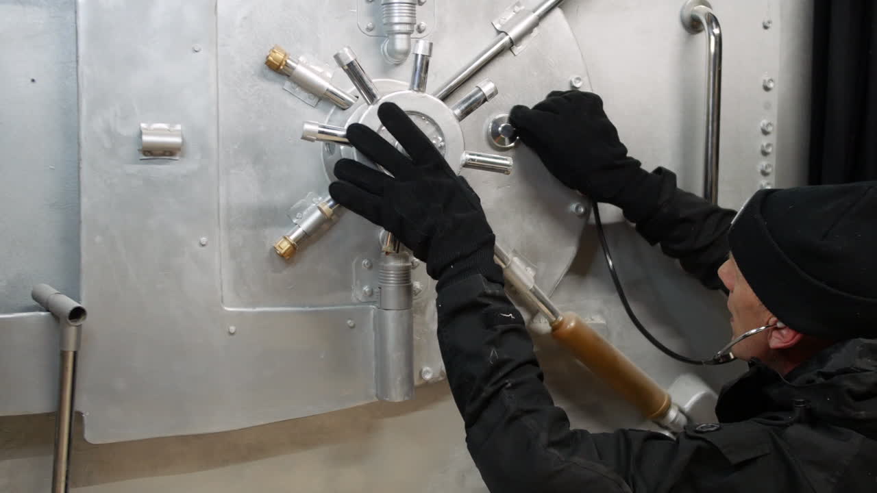A safecracker using a stethoscope to crack a bank vault safe