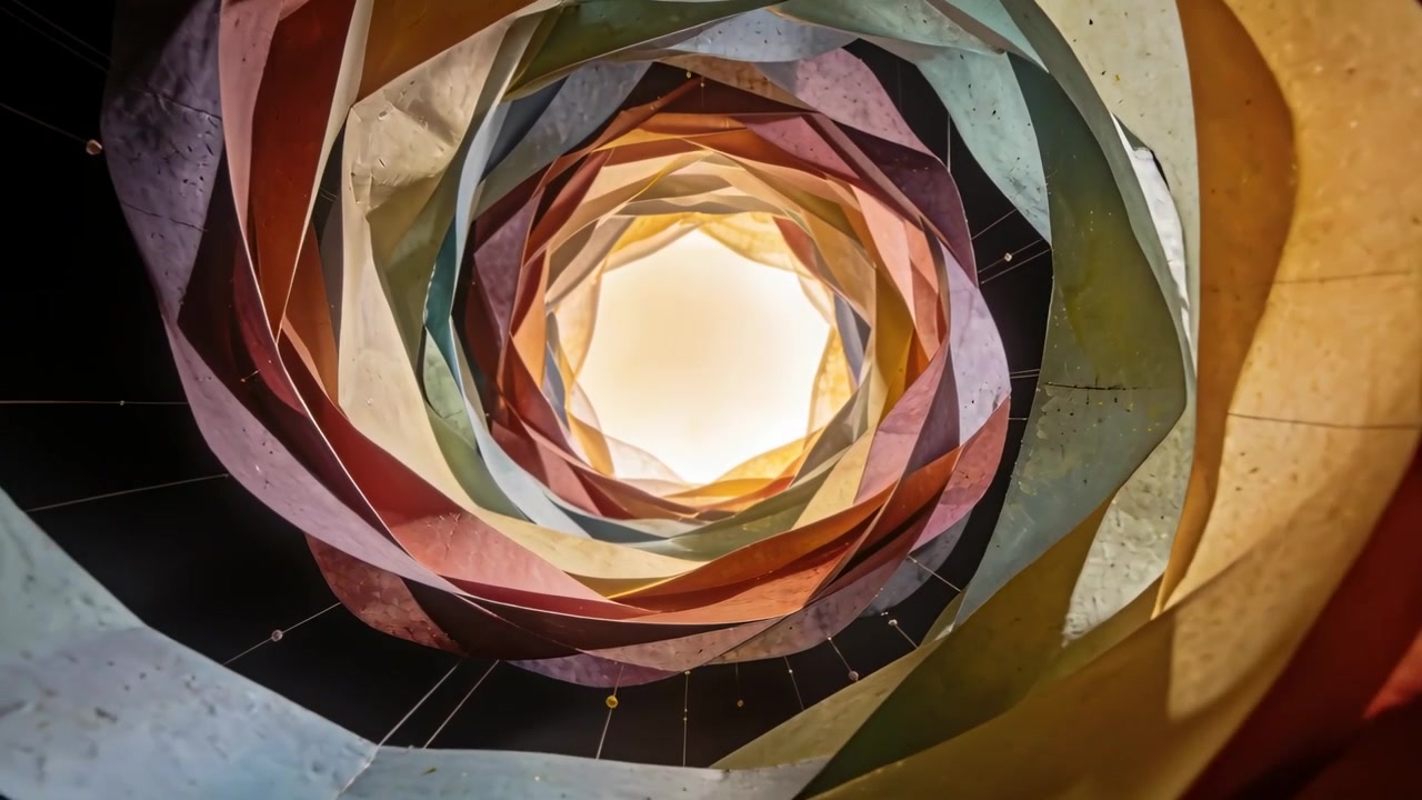 Pulling back camera revealing multicolored spiral in atrium, exposing central glow, wires, beads