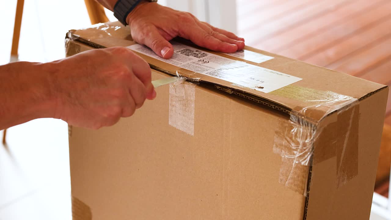 A person carefully opens a cardboard box using a knife in a well-lit indoor setting
