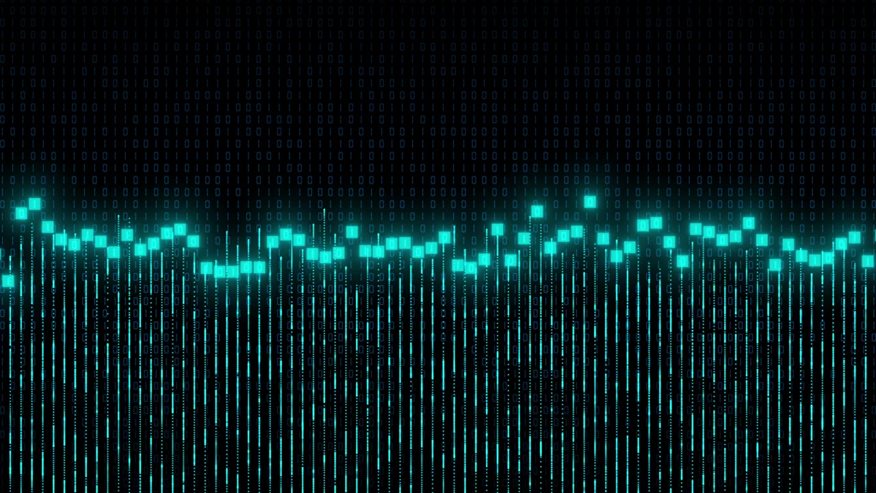 Digital Data Visualization with Glowing Cyan Binary Code Bars