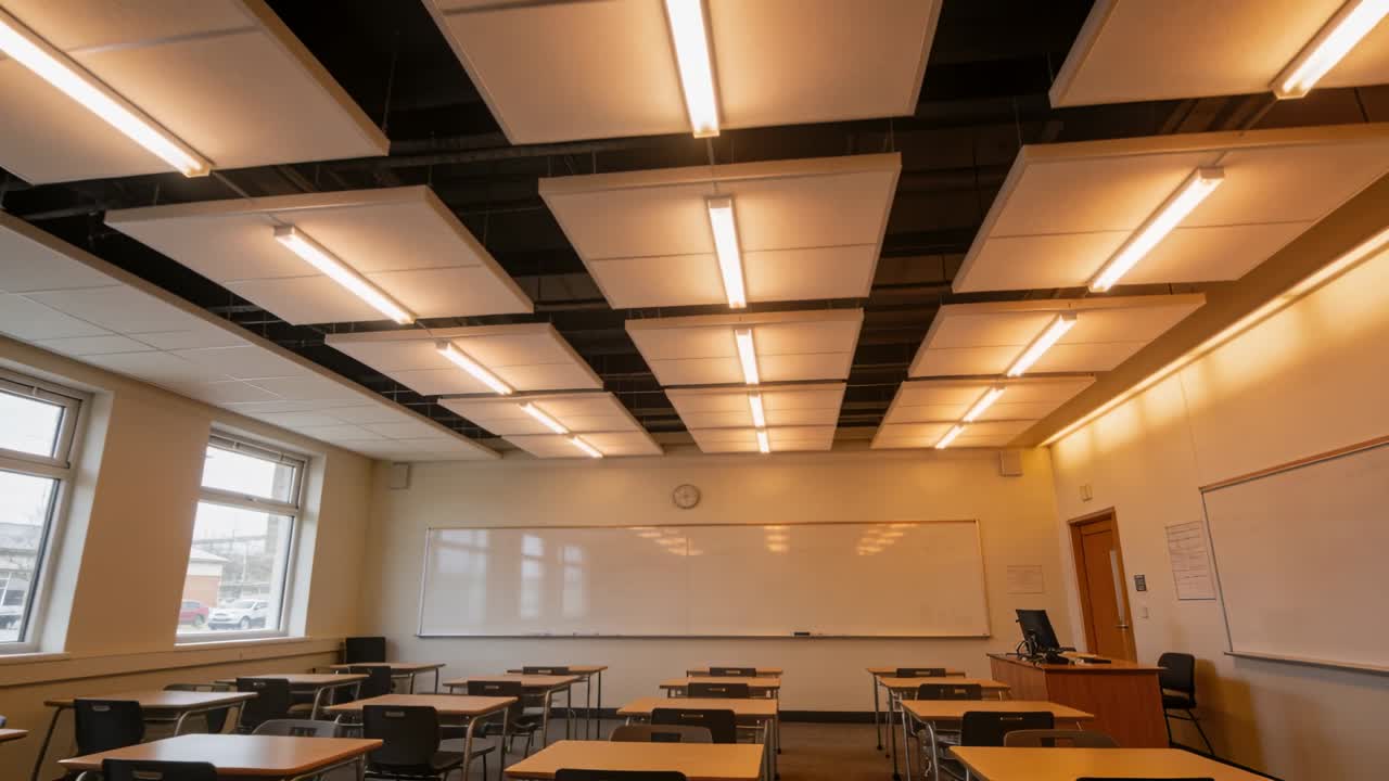 Vertical video: Tilting camera revealing classroom whiteboard and ceiling lights on start to frame