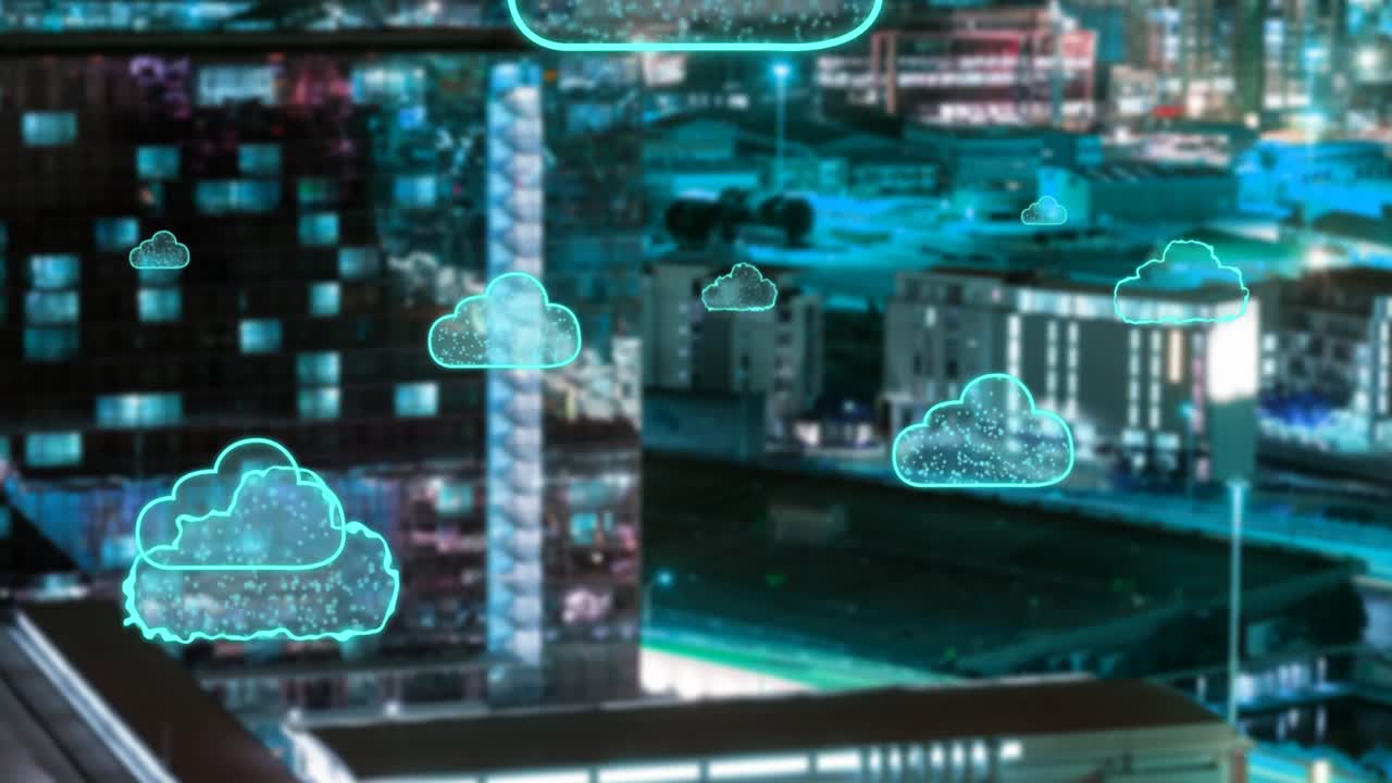 Animation of digital clouds flying over cityscape