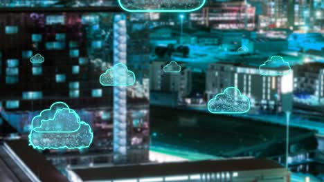 animation of digital clouds flying over cityscape