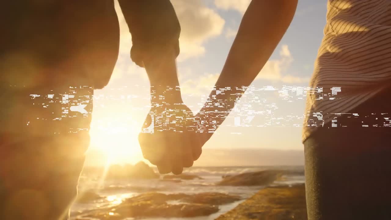 해변에 있는 커플에 대한 바이브 텍스트의 애니메이션