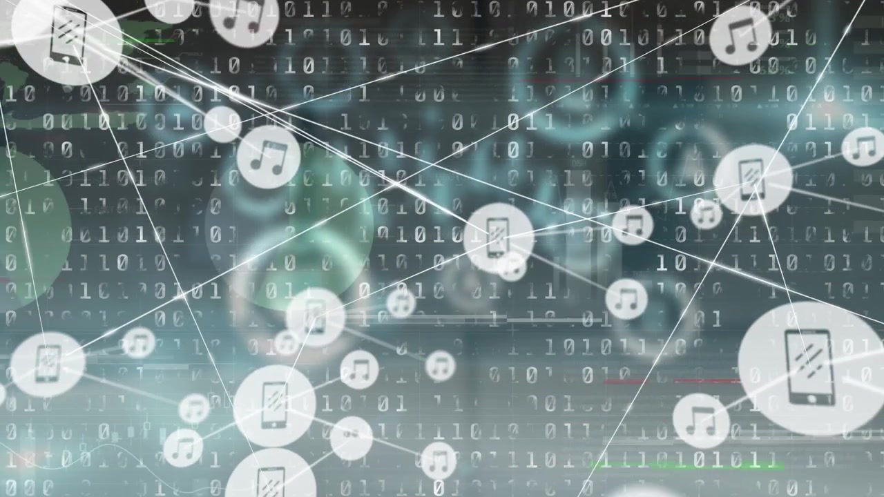 Animation of network of connections with icons over data processing