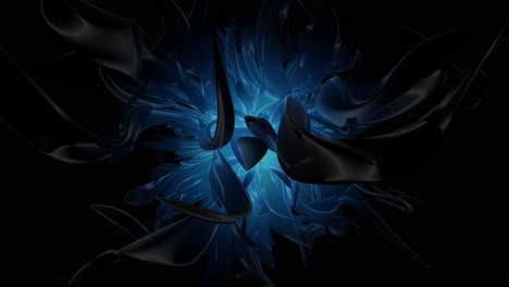 The abstract image portrays a detailed blue flower with black outlines, suggesting digital creation. Intricate design and color usage enhance the visual impact