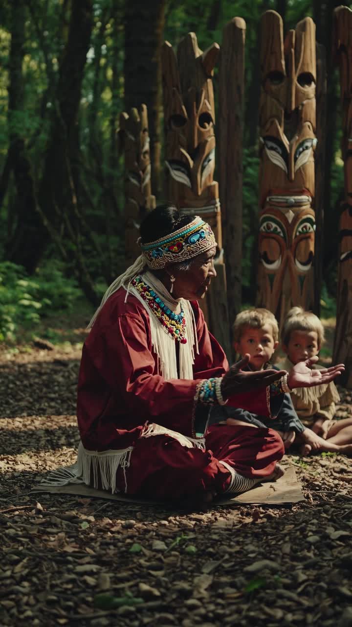 A low-angle video captures a tribal elder in traditional attire, storytelling to children