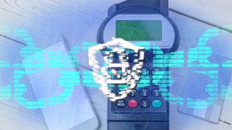 animation of block chain and security padlock on shield over payment terminal