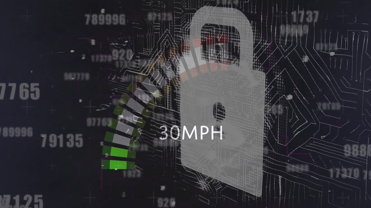 animación de números cambiantes sobre el velocímetro y el candado y fondo negro