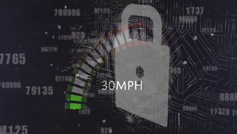animation of changing numbers over speedometer and padlock and black background