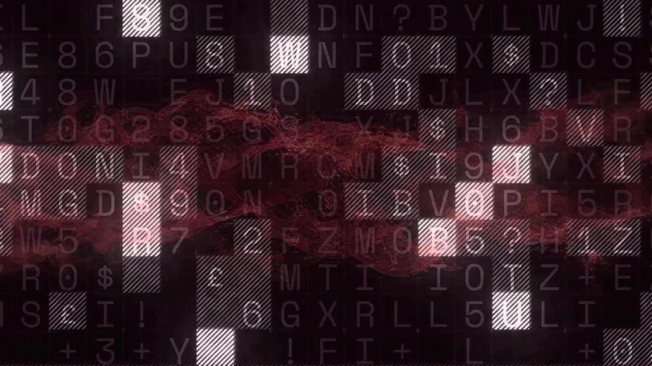 Donker raster met flikkerende startpixels, rode rook wervelt terwijl blokken herschikken en een interface tonen.