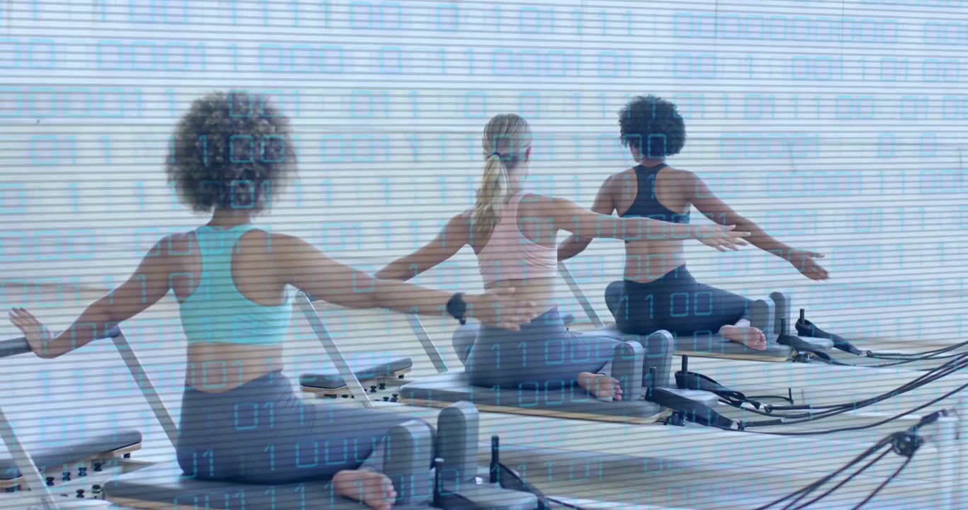 Three women kneeling on pilates reformers starting rotation, lifting arms for posture, balance
