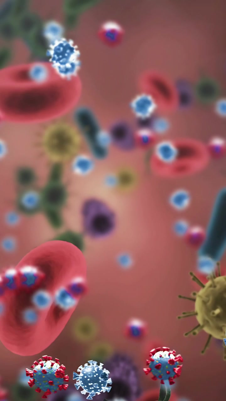 Video verticale: La telecamera avanza, con cellule rosse e virus a punta che fluttuano per mostrare il microflusso.